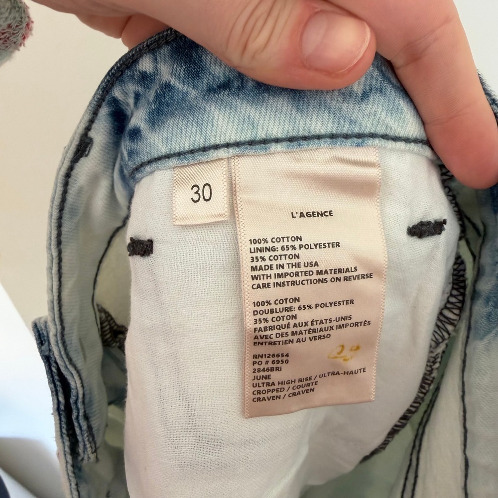 L AGENCE June Ultra High Rise Cropped Jeans Light Wash Tie Dye Size 30 - Picture 7 of 10